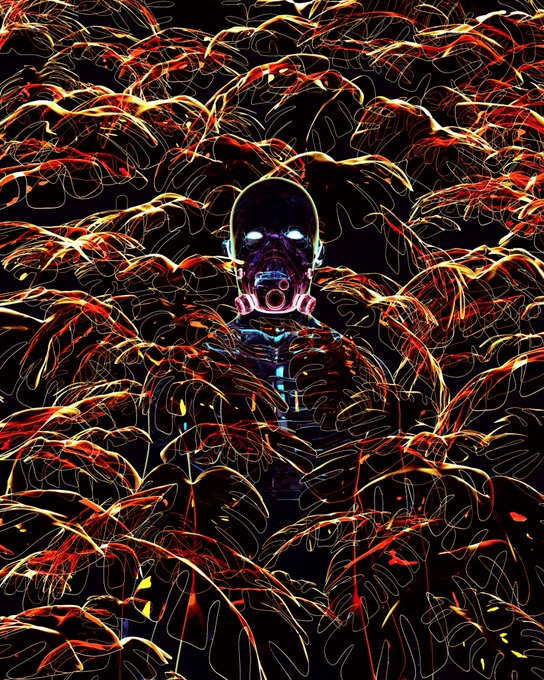 A hooded figure wearing a glowing gas mask stands surrounded by swirling, flame-like patterns rendered in fiery orange, red, and yellow linework against a dark background—evoking the eerie, concealed "out of sight" mood of this 1/1 NFT minted on Transient Labs for 0.13 ETH.