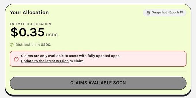 A 'Your Allocation' dashboard showing an estimated allocation of $0.35 USDC with a note that 'Claims are only available to users with fully updated apps' and a 'CLAIMS AVAILABLE SOON' button.