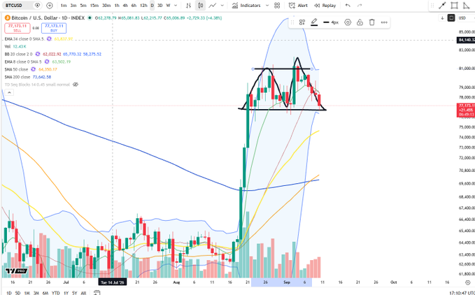 A TradingView daily candlestick chart of Bitcoin/U.S. Dollar (BTCUSD) showing an annotated M-top pattern with a higher high upthrust (~$77,373) followed by a price decline to $77,173, testing the neckline trough support.