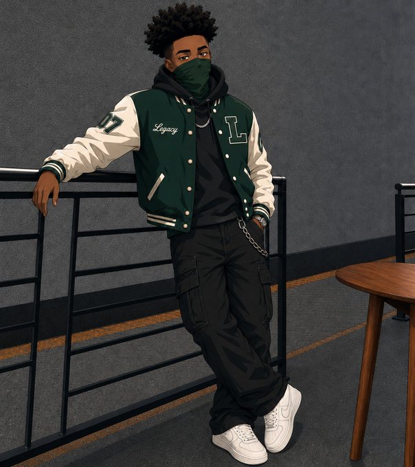 The image features a man wearing a green jacket with white lettering standing next to a black railing. The man appears to be leaning against the railing while looking at something off-camera. There are no texts or other objects visible in the image, but there is a chair and a dining table nearby.