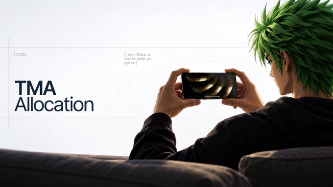An anime-style character with green hair plays a mobile game on their phone, overlaid with text reading '2025TMA Allocation' and '(with Token is one to keep an eye on)'.