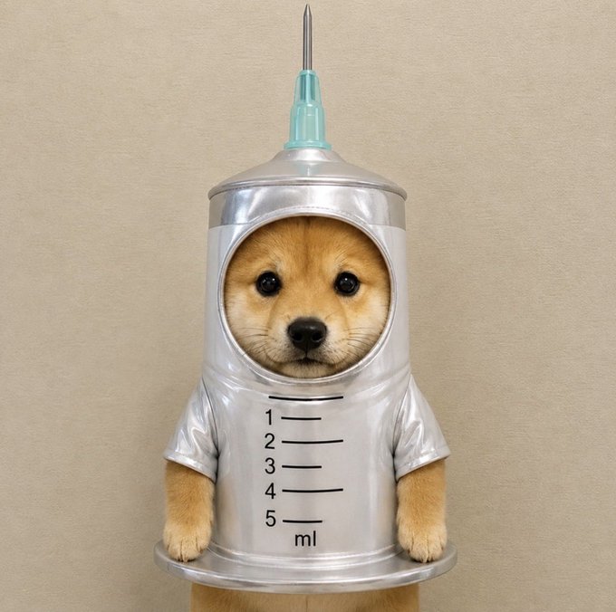 A whimsical illustration shows a Shiba Inu puppy dressed as a syringe, with its face visible through the measurement window and a needle on top.