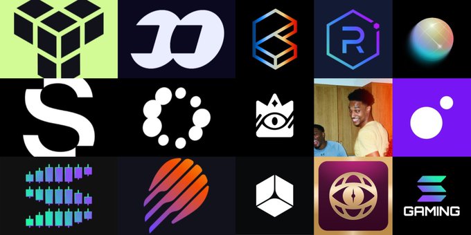 A collage displaying various cryptocurrency and blockchain logos, including Solana, Polygon, and several gaming-related tokens, arranged in a grid.