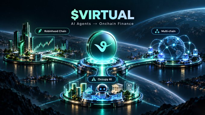 A promotional graphic for '$VIRTUAL - AI Agents → Onchain Finance' showing a futuristic cityscape with sections labeled 'Robinhood Chain,' 'Multi-chain,' and 'Occupy AI.'