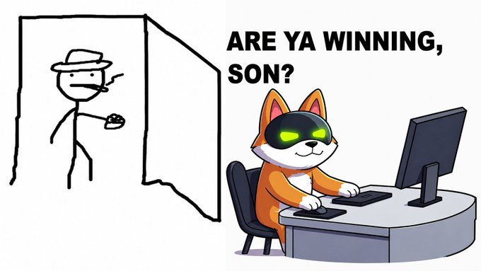 A meme featuring a cartoon cat wearing glowing green goggles at a computer desk on the right, and a black-and-white line drawing of a man in a hat smoking and holding food on the left, accompanied by the text "ARE YA WINNING, SON?"