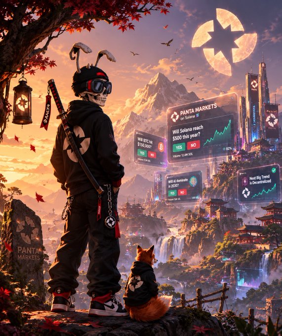 An illustrated promotional image for PANTA MARKETS featuring a skeleton in a hoodie with bunny ears, a fox companion, and fantasy landscape elements alongside trading interface graphics.