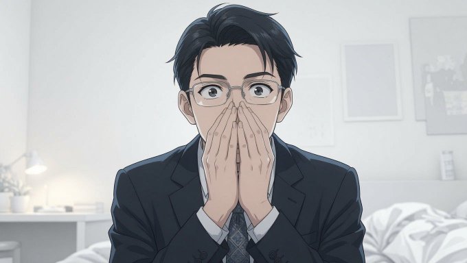 A young man in a black suit and glasses covers his mouth in apparent shock or surprise, likely reacting to market news or a price movement. The image fits the post's sentiment of emotional reactions to market action—suggesting holders will be delighted while sellers will regret their decision.
