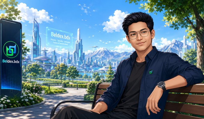 An illustrated portrait of a young man with glasses in a blue shirt sitting on a park bench, with a futuristic city skyline and the 'Beldex.bdx' logo displayed on a phone in the foreground.