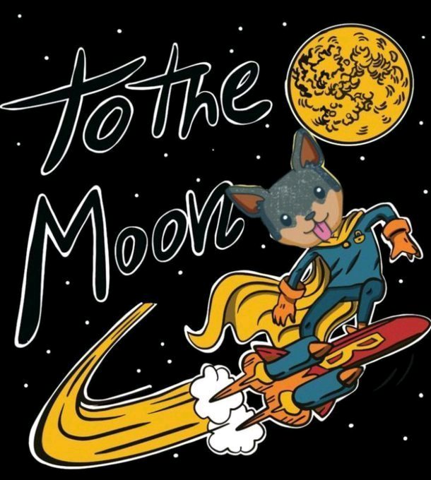 An illustration of an anthropomorphic dog in a space suit riding a rocket with the text 'to the Moon' in a starry sky near a yellow planet.