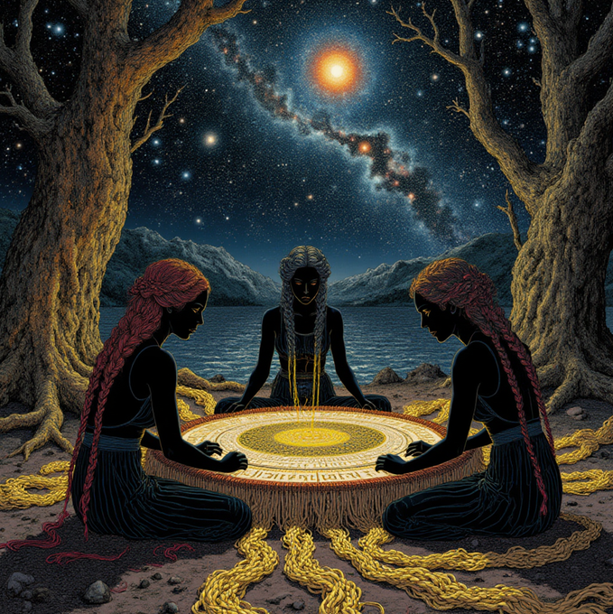 A mystical fantasy illustration shows three dark-haired women with long braids sitting around a glowing golden mandala, with golden threads flowing from the central figure, set against a starry night sky with a bright sun-like orb.