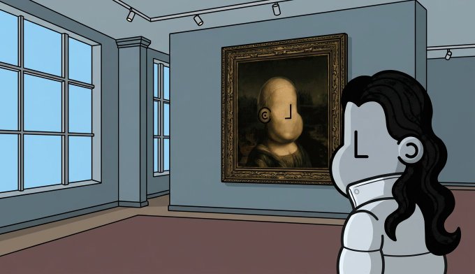 An illustration of a gray-haired figure in a white outfit looking at a framed portrait of the Mona Lisa, which has been altered with a face-like design.