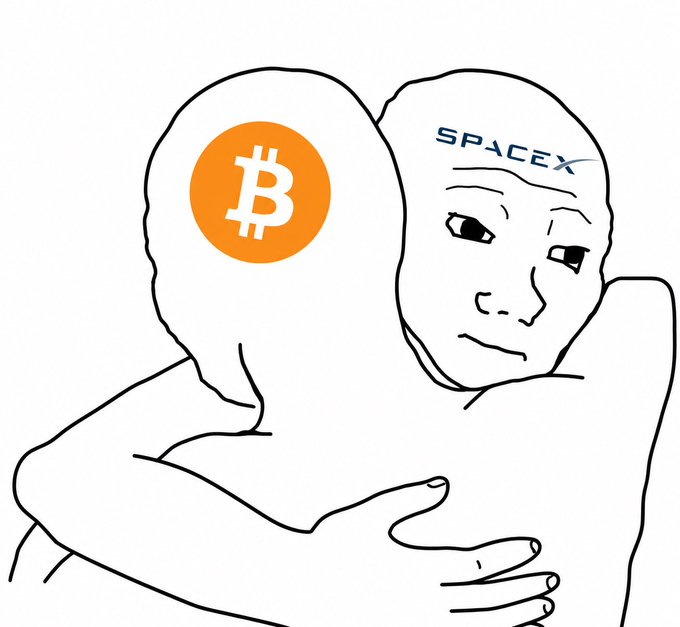 A Wojak figure with a "SPACEX" forehead embraces a Bitcoin (₿) head, representing investors seeking comfort in crypto amid SpaceX's ticker ($SPCX) plummeting 48% from its high.