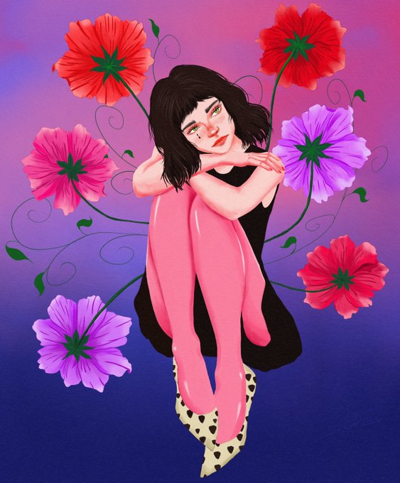 A digital illustration of a young woman with dark hair sitting with her arms wrapped around her knees, wearing pink tights and a black dress, surrounded by large pink, red, and purple flowers against a purple background.