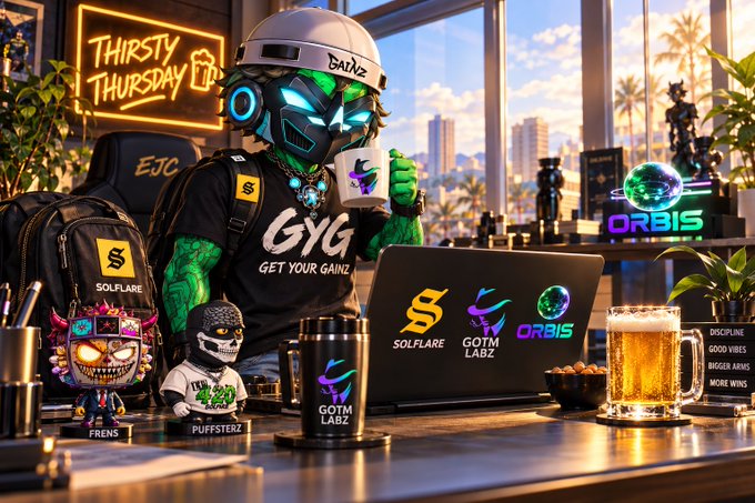 A green-skinned character wearing a 'GAINZ' cap and headset sits at a desk with a 'GYG GET YOUR GAINZ' shirt, surrounded by crypto/NFT branding including 'SOLFLARE', 'GOTM LABZ', and 'ORBIS', with a neon 'THIRSTY THURSDAY' sign in the background.