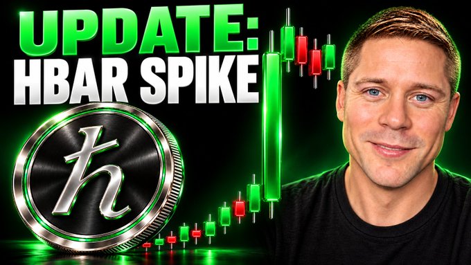 A man smiles in front of a graphic reading 'UPDATE: HBAR SPIKE' in green and white text, accompanied by an HBAR coin logo and a green and red candlestick chart showing a price increase.