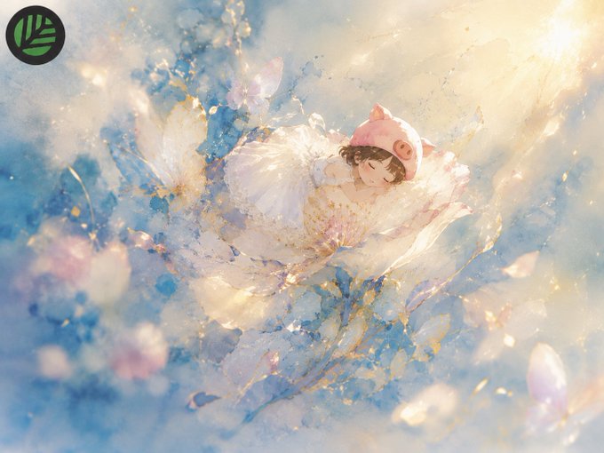 A girl wearing a pink pig-themed hat floats dreamily among soft watercolor petals and golden sparkles. The whimsical, cloud-like scene echoes the post's discussion of 800,000 shadow chains, evoking a similarly surreal, ephemeral feeling as the writer contemplates why so many chains are being repeatedly deployed on the testnet.