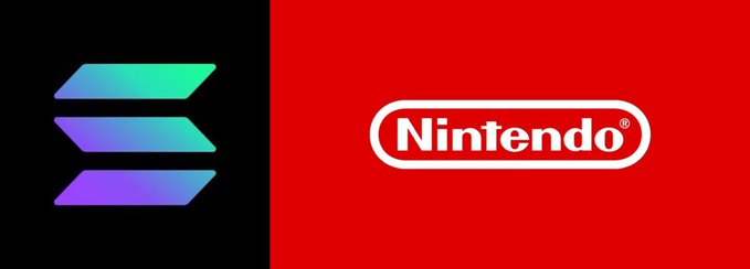 The Solana logo (purple/green gradient three horizontal bars) on a black background alongside the Nintendo logo (white text in a red pill shape) on a red background.