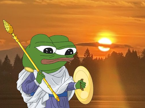 A Pepe the Frog character dressed as an ancient warrior with a golden staff and shield, standing against a sunset lake backdrop.