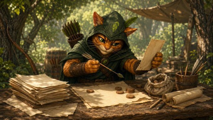 A fantasy illustration of an anthropomorphic orange cat wearing a green hooded ranger outfit, holding a quill and parchment, sitting at a wooden table in a forest camp setting.