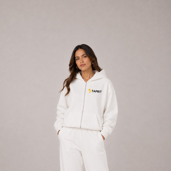 Product photo of a woman with long dark hair wearing a cream/off-white zip-up hoodie with the 'TABIT' logo embroidered on the chest, posing against a neutral gray background.