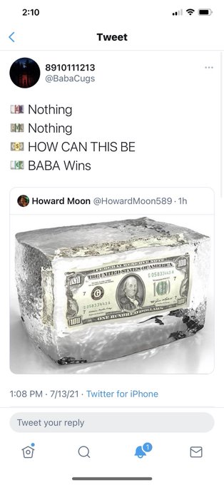 A tweet from @BabaCugs showing 'BABA Wins' with a quote tweet of Howard Moon showing a $100 bill frozen in a block of ice.