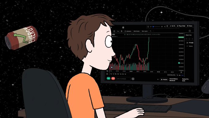 A digital illustration of a person with brown hair looking intently at a computer monitor displaying a cryptocurrency trading chart against a starry space background, with a coffee can floating nearby.