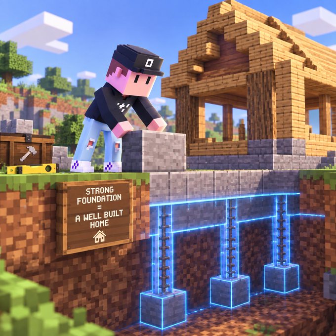 A Minecraft-style 3D render showing a pixelated character in a black cap building a wooden house, with a sign reading "STRONG FOUNDATION = A WELL BUILT HOME" beside visible foundation pillars.