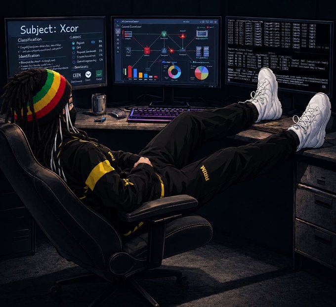 An illustrated scene shows a person wearing a Rastafarian-colored beanie and dreadlocks relaxing with their feet up on a desk, facing three computer monitors displaying a 'Subject: Xcor' profile, data graphs, and terminal code.