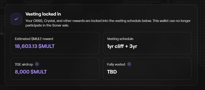 A screenshot showing a vesting dashboard confirming "Vesting locked in" with an estimated $MULT reward of 18,603.13, a "1yr cliff + 3yr" vesting schedule, and an 8,000 $MULT TGE airdrop. The image reflects the user's post about mistakenly claiming their Multipli airdrop allocation instead of committing to the presale, locking their ORBS and Crystal farming rewards into a 4-year vesting schedule.