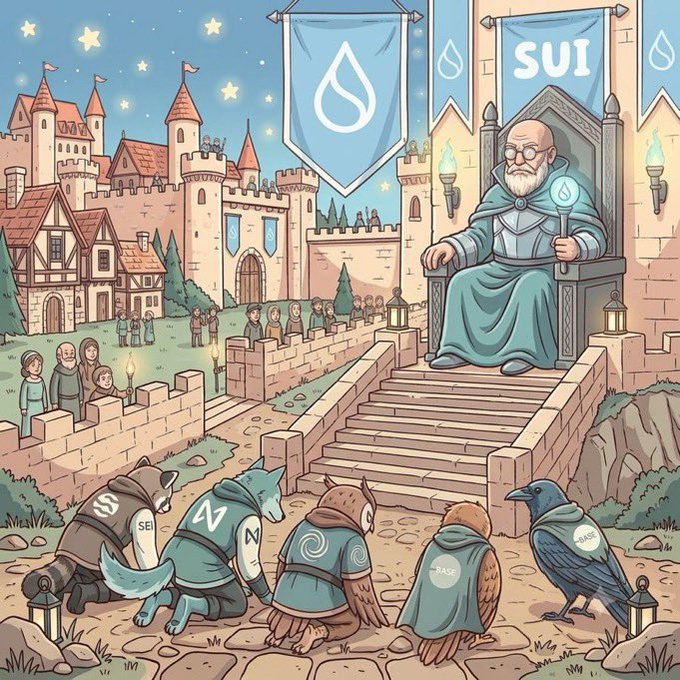 An illustrated fantasy scene shows a king on a throne with banners reading 'SUI' and a water drop symbol, while four animals wearing cloaks labeled 'S', 'M', 'SW', and 'BASE' approach him in a medieval castle courtyard.