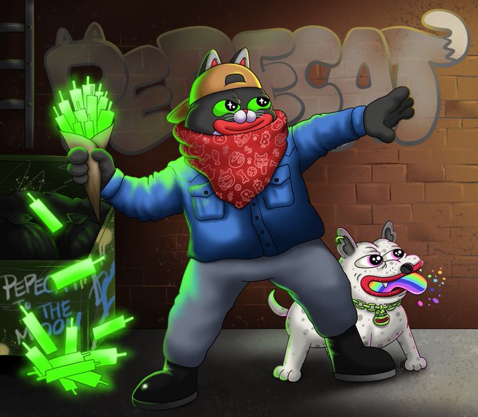 A cartoon illustration of a cat character in a blue jacket, orange cap, and red bandana holding glowing green items, accompanied by a dog with a studded collar and a rainbow tongue, with graffiti 'OH BOY' on the brick wall behind them.