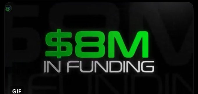A graphic displaying "$8M IN FUNDING" in bold green text against a dark background, marked as a GIF.