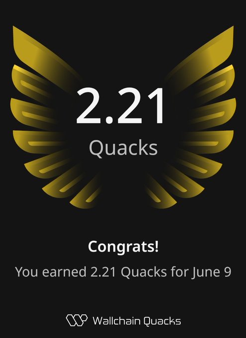 The image features a gold-colored logo for Wallchain Quacks, which is a company that rewards users who engage in simple yet effective behaviors by providing real value. The text on the image reads "Good morning, everyone. The more time I spend on @Wallchain Quacks, the more convinced I am that the key is rewarding simple yet effective behaviors: providing real value and staying out of the noise".