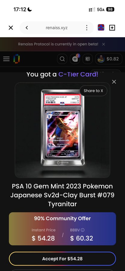 A mobile screen showing 'renaiss.xyz' displaying a PSA 10 Gem Mint 2023 Pokemon Japanese Sv2d-Clay Burst #079 Tyranitar card with a '90% Community Offer' of $54.28 instant price.