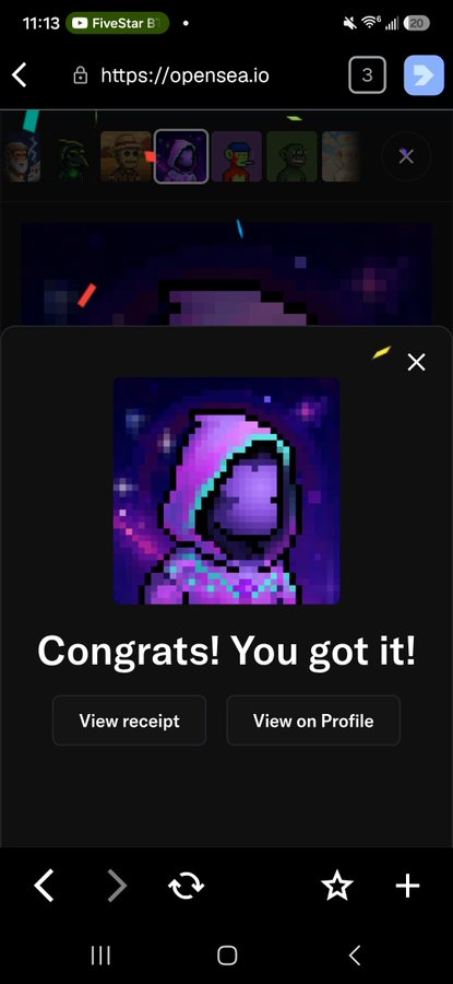 A mobile screenshot from opensea.io showing a pixel-art hooded figure NFT with the message 'Congrats! You got it!' and buttons to 'View receipt' or 'View on Profile'.