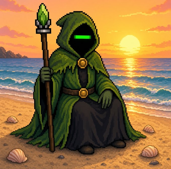 A pixel art illustration of a hooded figure in green robes with glowing green eyes holding a staff with a green crystal, sitting on a beach at sunset.