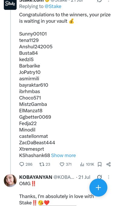 The image shows a tweet from Stake announcing giveaway winners, with user "KShashank68" included in the list, followed by a reply from user "KOBAYANYAN" (@KOBA...) expressing excitement about winning. The accompanying post claims this account suspiciously won all three giveaways on Stake, earning around $60k despite having minimal activity, suggesting the results were rigged.