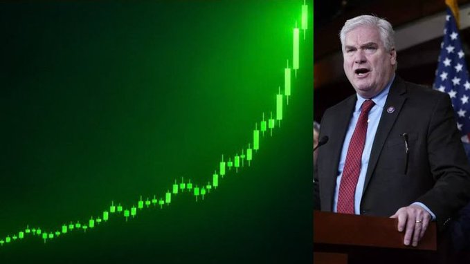 Split image showing a green ascending candlestick chart on the left and a politician speaking at a podium with an American flag on the right.