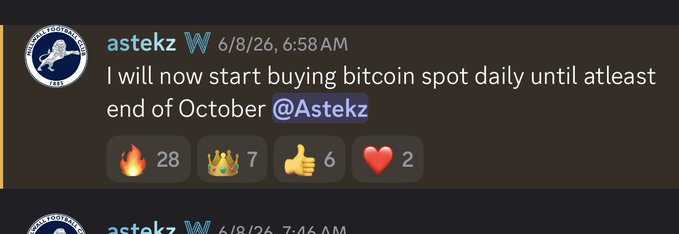 The image shows a Discord message from user "astekz" dated 6/8/26 at 6:58 AM stating "I will now start buying bitcoin spot daily until atleast end of October," which directly aligns with the post noting they began a daily DCA (dollar-cost averaging) strategy into Bitcoin in June.