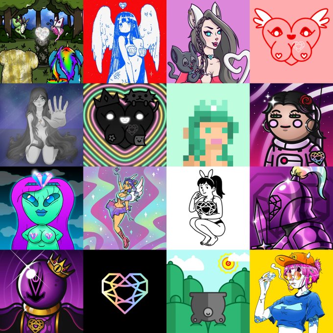 A 4x4 grid collage of various digital art styles featuring characters, animals, and symbols including angels, cats, fairies, and pixel art figures.