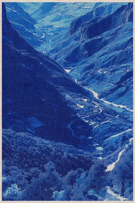 A scenic mountain valley rendered in monochromatic blue tones features a winding road snaking through deep gorges, with small settlements visible in the valley below.