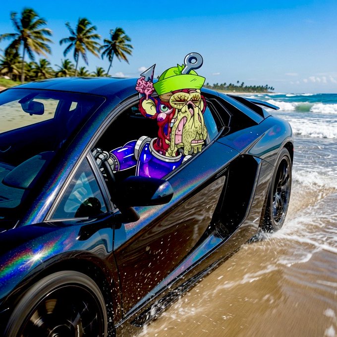 A colorful cartoon-style character wearing a green helmet and purple suit drives a dark sports car along a tropical beach.
