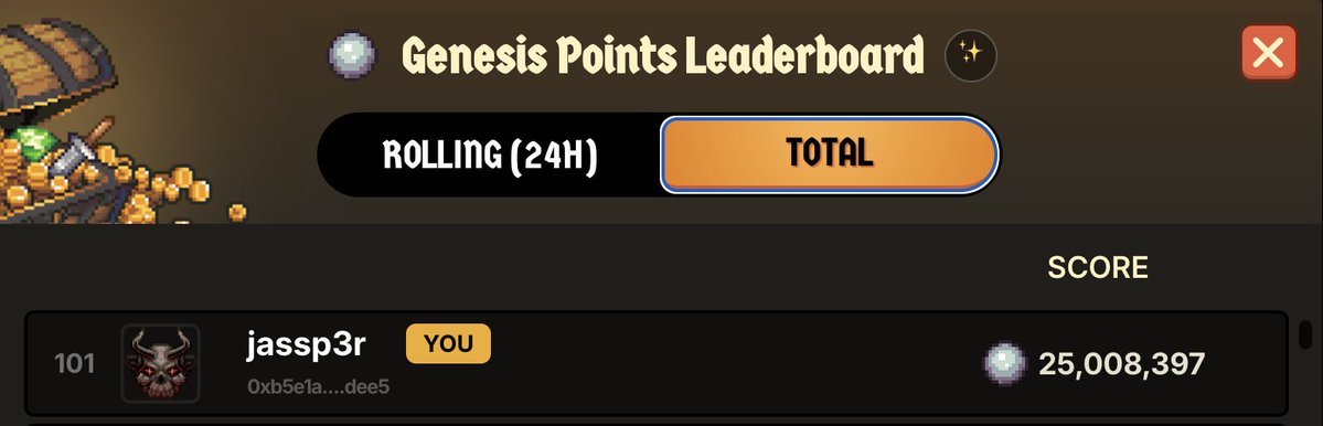 A 'Genesis Points Leaderboard' showing rank 101 user 'jassp3r' (wallet 0xb5efa...dee5) with a score of 25,008,397, with 'TOTAL' tab selected.