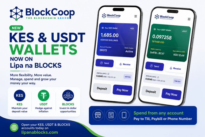 Online ad promoting BlockCoop, the Blockchain Society, announcing new KES (Kenyan Shillings) and USDT (Tether) digital wallet services available on Lipa na BLOCKS. With these new wallets, users can maintain the value of their KES deposits, hedge against inflation with USDT, and access dollar investment opportunities with BLOCKS.