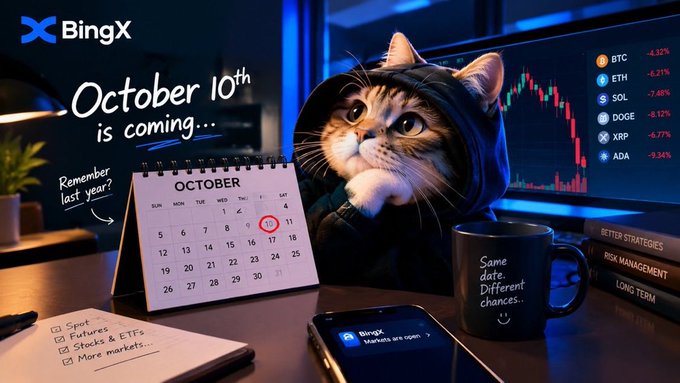 A BingX cryptocurrency exchange advertisement featuring a cat in a hoodie, a desk calendar highlighting October 10th, and a stock chart displaying losses for tickers like BTC, ETH, SOL, DOGE, XRP, and ADA.