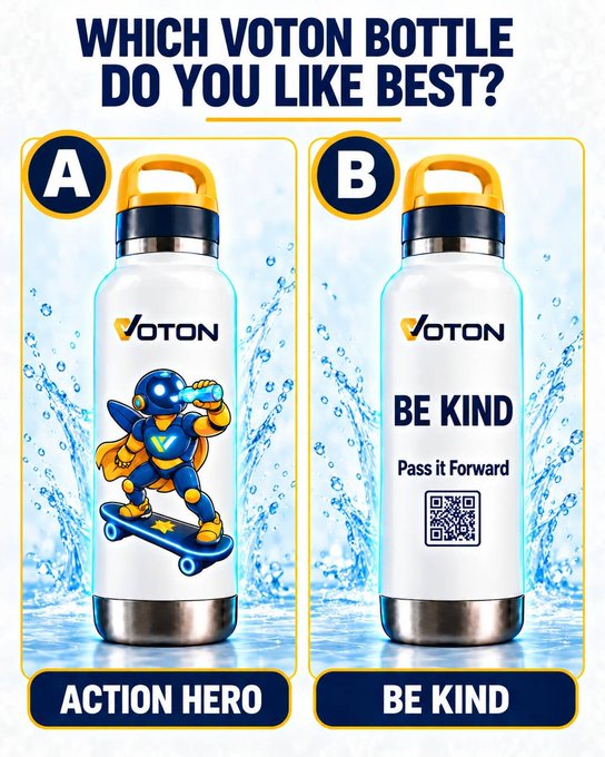 A promotional graphic asking 'WHICH VOTON BOTTLE DO YOU LIKE BEST?' comparing two Voton water bottles labeled A 'ACTION HERO' (featuring a robot character) and B 'BE KIND' (with a 'Pass it Forward' message and QR code).