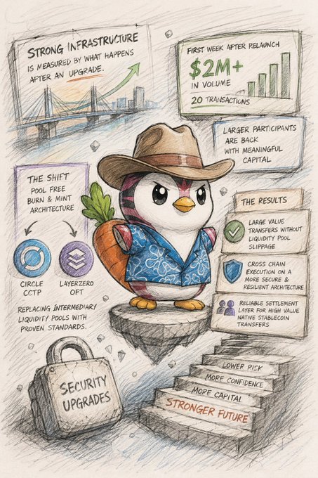 A hand-drawn infographic featuring a penguin in a cowboy hat and Hawaiian shirt, detailing crypto infrastructure with notes like 'STRONG INFRASTRUCTURE', '$2M+ IN VOLUME', 'CIRCLE CCTP', and 'LAYERZERO OFT'.