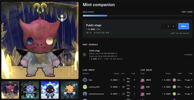 A screenshot of a 'Mint companion' NFT minting page showing 1,978 of 8,888 minted, with a public stage price of 0.0001 ETH and various live mints listed below.