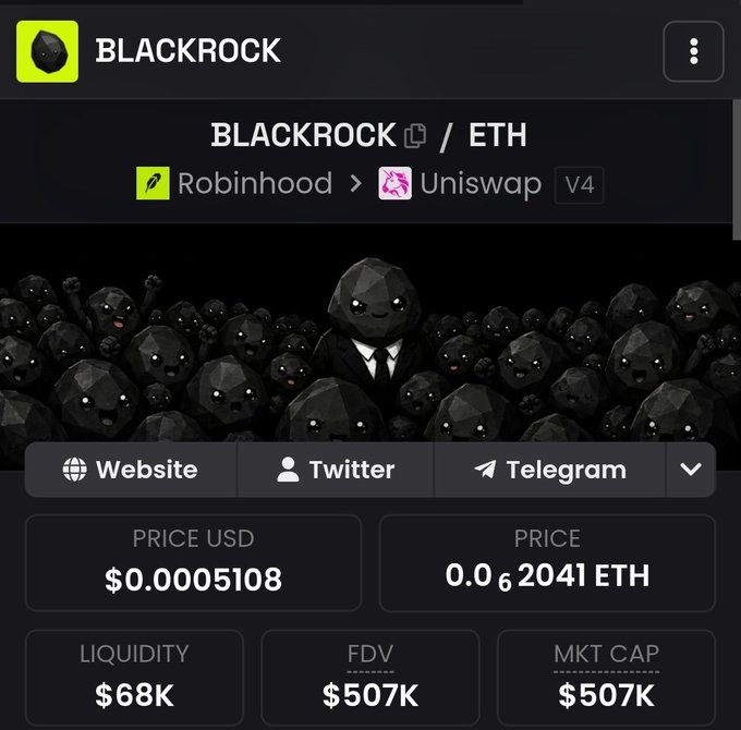 A cryptocurrency tracking page for 'BLACKROCK' token showing trading on Robinhood and Uniswap V4 with a price of $0.0005108 USD, 0.0₆2041 ETH, $68K liquidity, and $507K market cap, accompanied by cartoon rock characters.