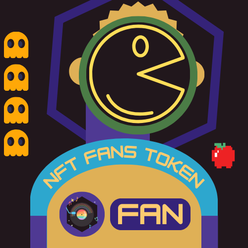A retro pixel-art illustration promoting 'NFT FANS TOKEN' with a large yellow smiley face character, skull icons, an apple, and a 'FAN' logo badge.